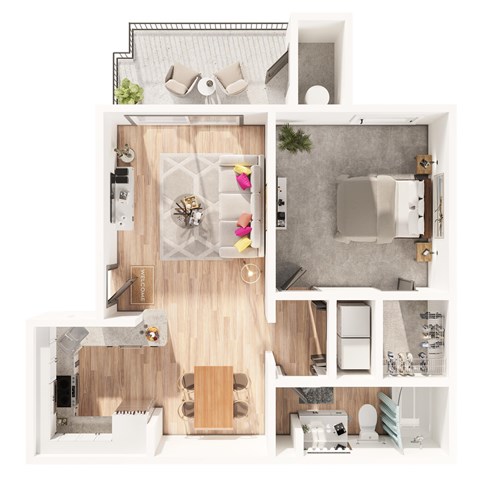 Floor plan for 1 bed, 1 bath, 649 sqft